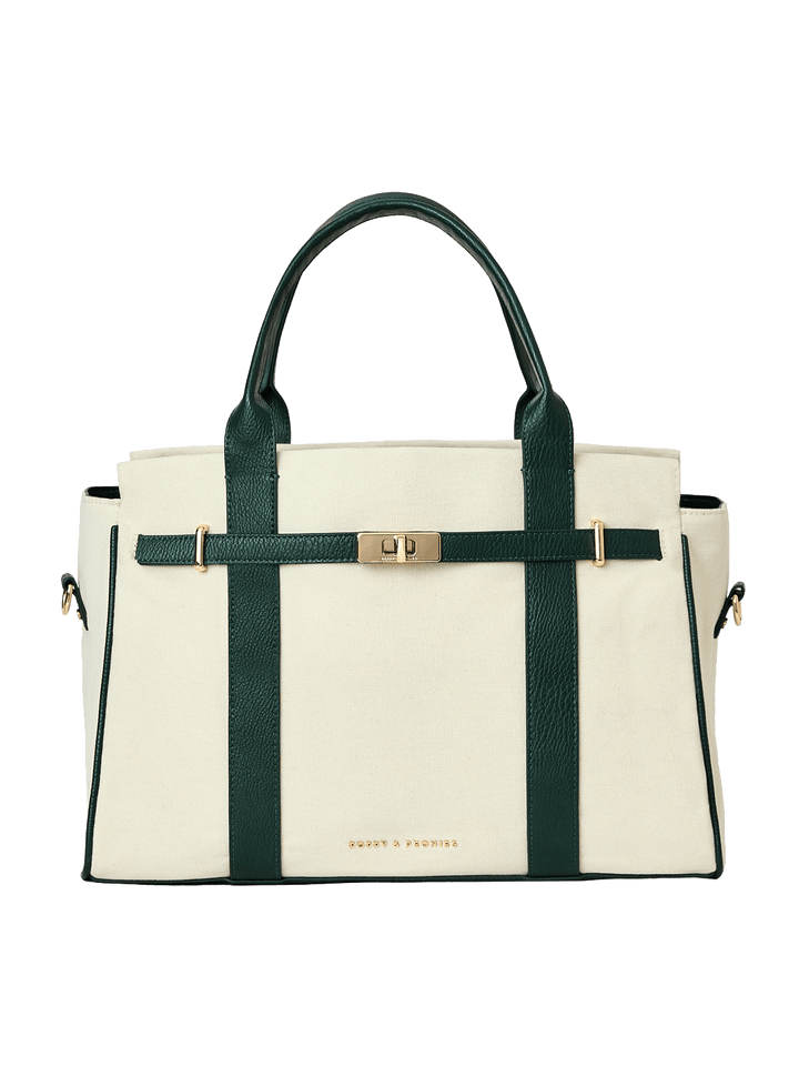 Natural canvas handbag with green straps 