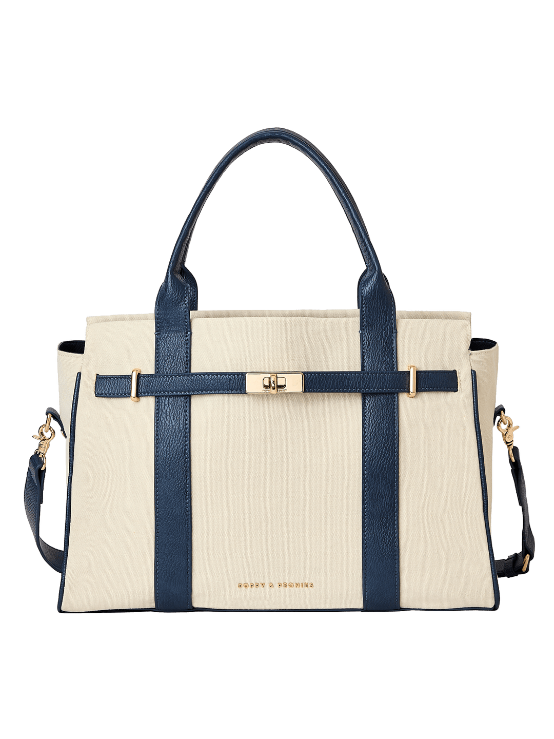 Natural canvas and navy handbag with gold hardware