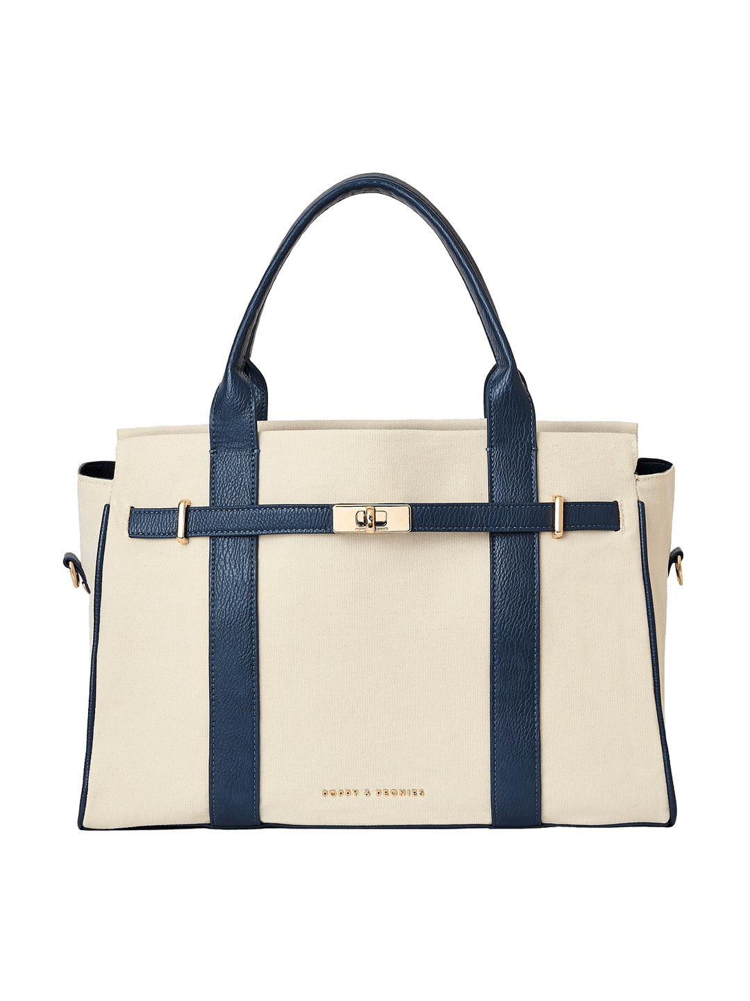 Natural canvas and navy handbag with gold hardware