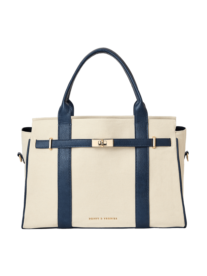 Natural canvas and navy handbag with gold hardware