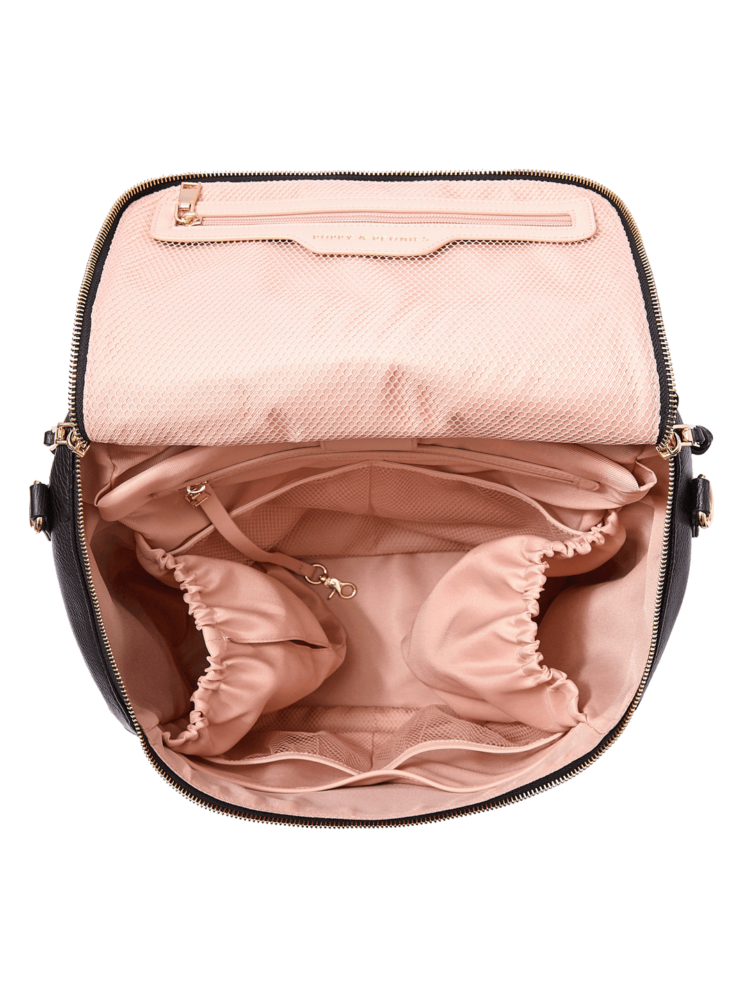 Interior of the Carryall Backpack in Black showing laptop compartment and organization pockets