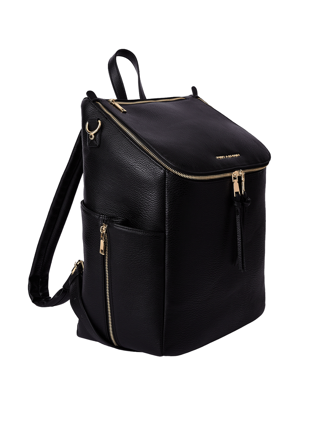 Angled view of the Carryall Backpack in Black showing expandable side pockets