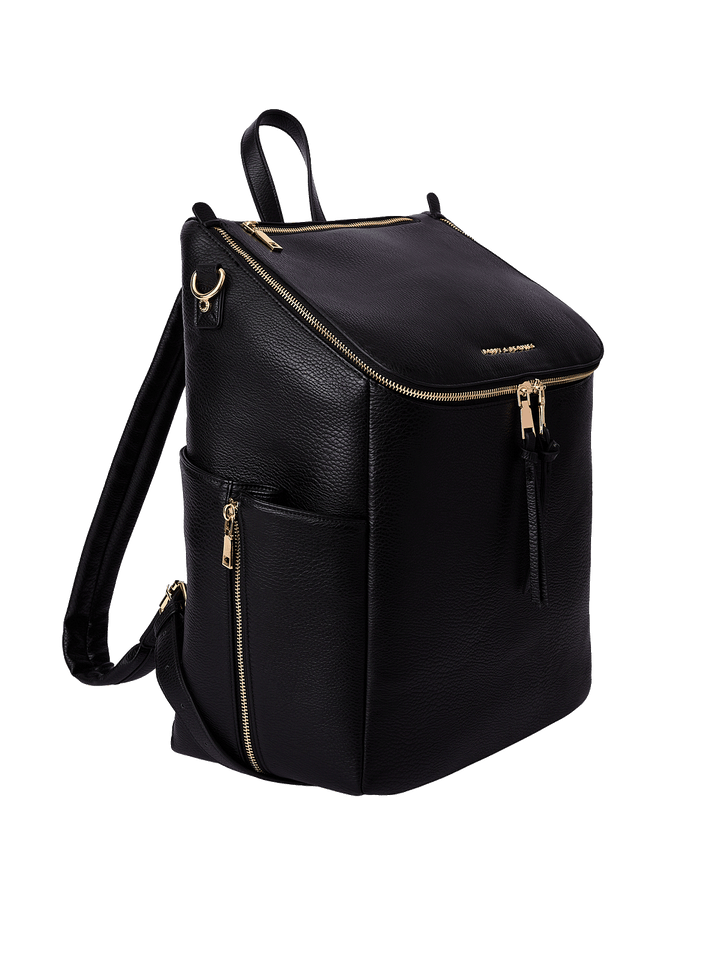 Angled view of the Carryall Backpack in Black showing expandable side pockets