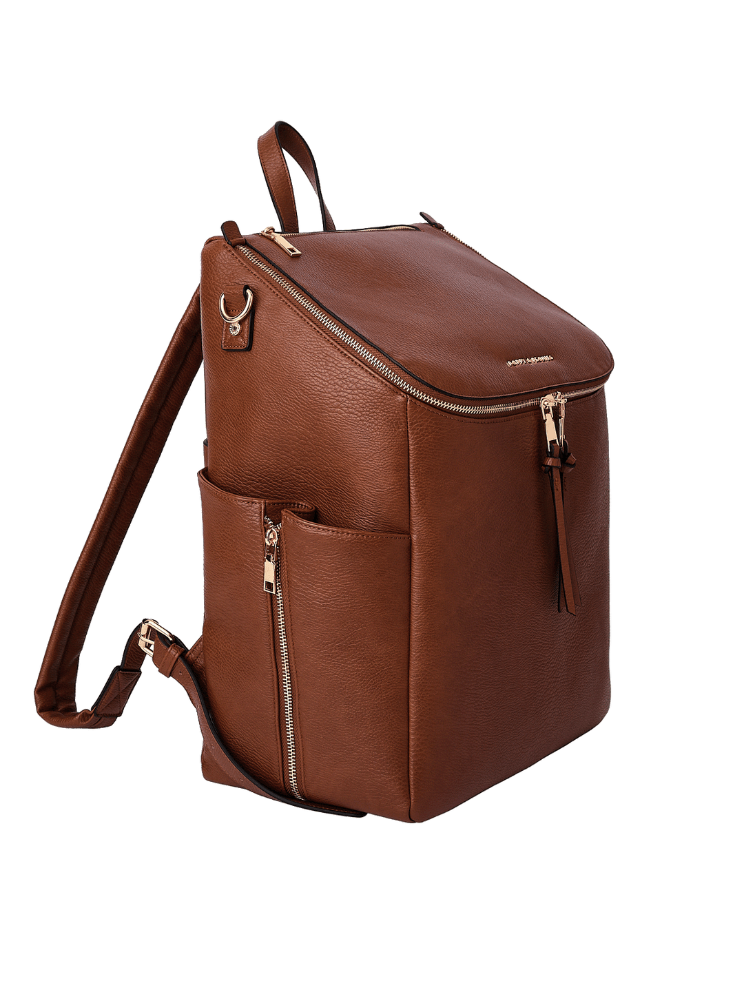 Angled view of the Carryall Backpack in Chestnut showing expandable side pockets
