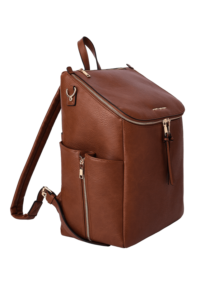 Angled view of the Carryall Backpack in Chestnut showing expandable side pockets