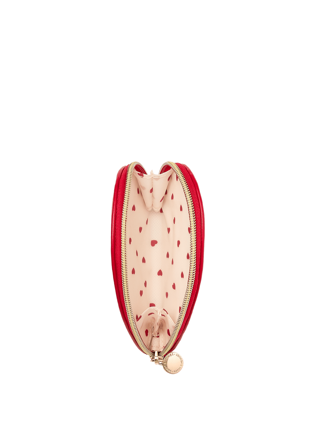 Open red pouch with gold zipper and red heart pattern interior 