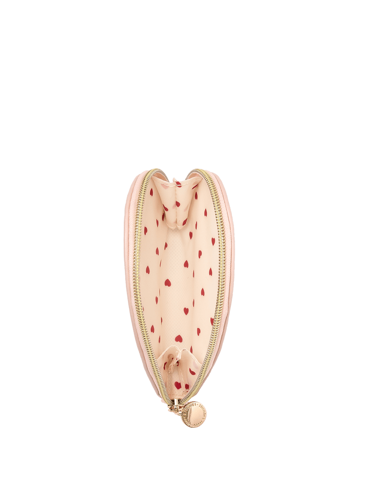 Open pink pouch with gold zipper and red heart pattern interior 