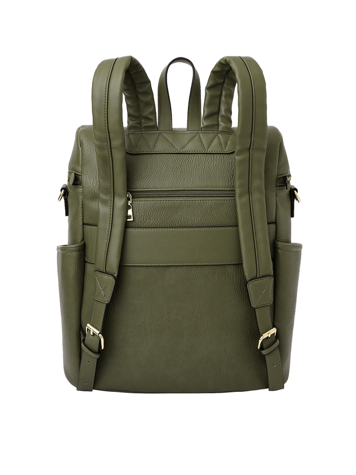 Back view of Commuter Backpack in Olive with trolley sleeve and padded shoulder straps