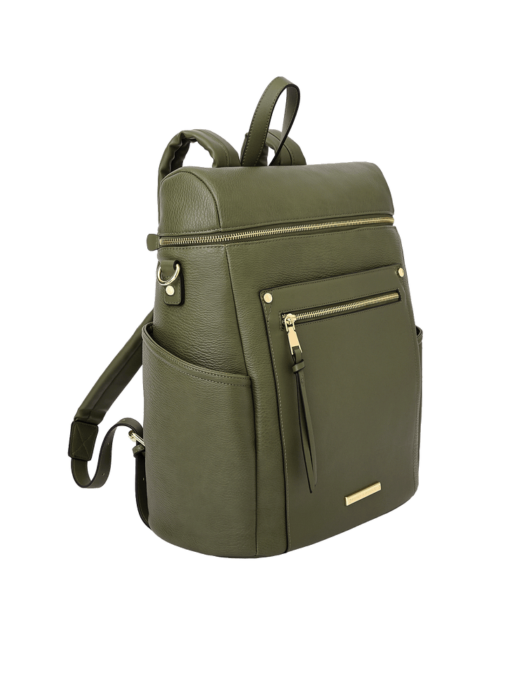 Side view of Commuter Backpack in Olive showing exterior water bottle pocket and structured design
