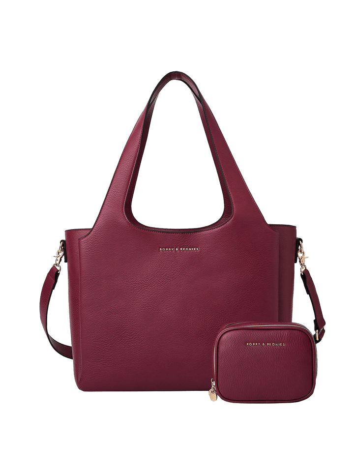 Poppy & Peonies Companion Duo in Berry, featuring The Companion Tote with coordinating Pretty Connected Case, detachable shoulder strap and signature gold-tone details.