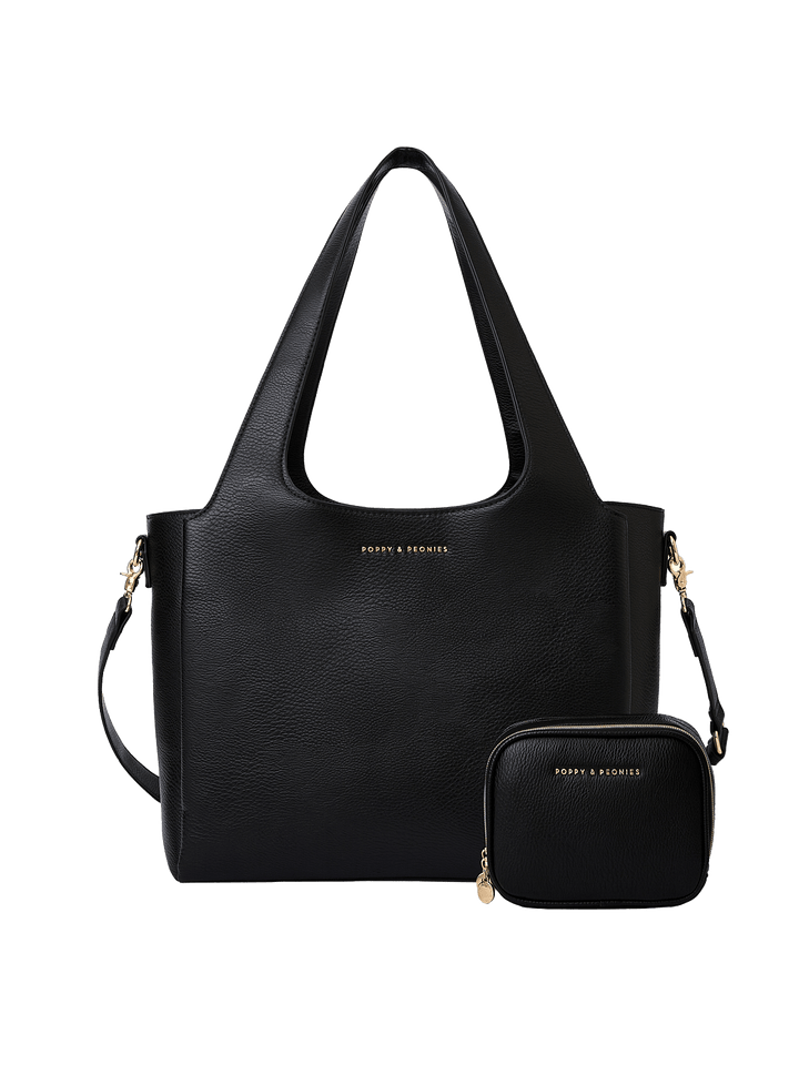 Poppy & Peonies The Companion Duo in Black, featuring The Companion Tote with coordinating Pretty Connected Case, top handles and detachable shoulder strap.