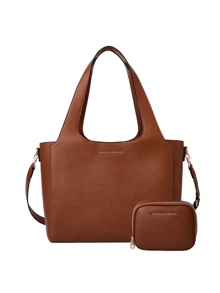 Poppy & Peonies Companion Duo in Chestnut, featuring The Companion Tote with coordinating Pretty Connected Case, detachable shoulder strap and signature gold-tone details.