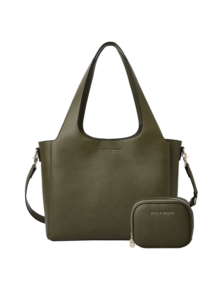 Poppy & Peonies The Companion Tote Bundle in Olive, featuring The Companion Tote with coordinating Pretty Connected Case, top handles and detachable shoulder strap.