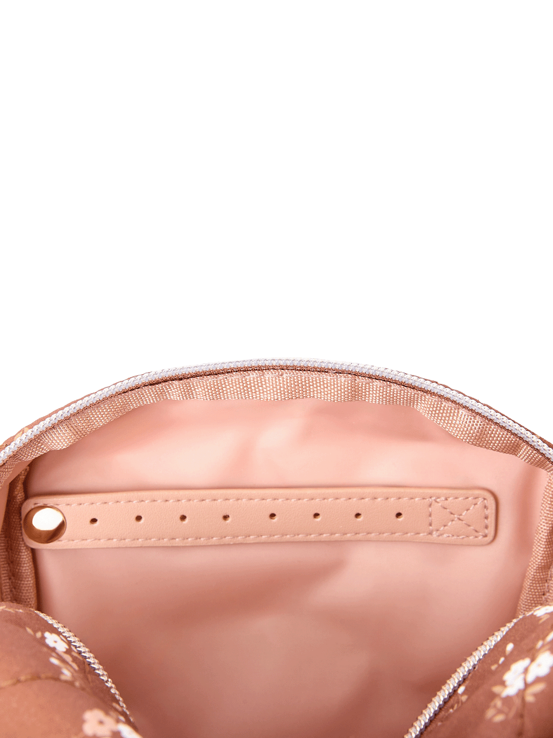 Interior of medium Cosmetic Trio pouch in Brown Patchwork showing jewelry tabs