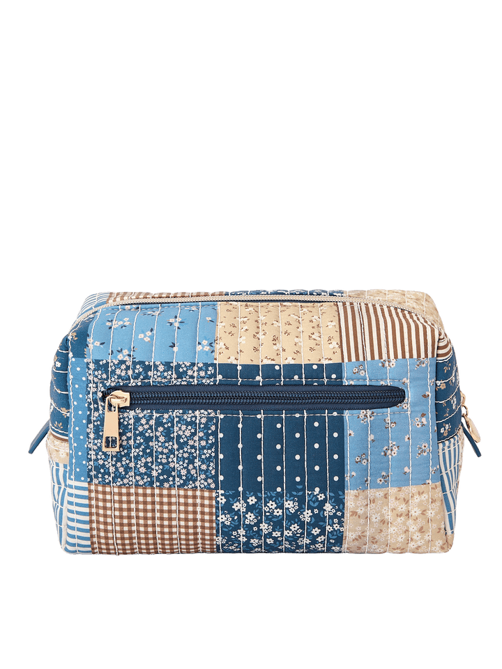 Back view of large Cosmetic Trio pouch in Navy Patchwork
