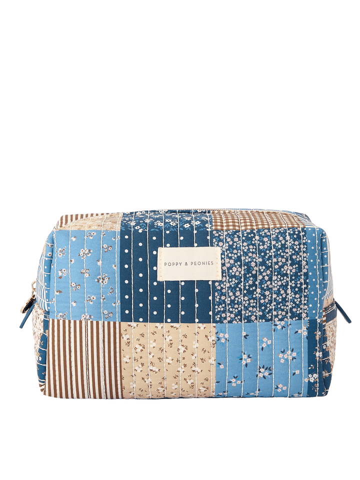 Large Cosmetic Trio pouch in Navy Patchwork