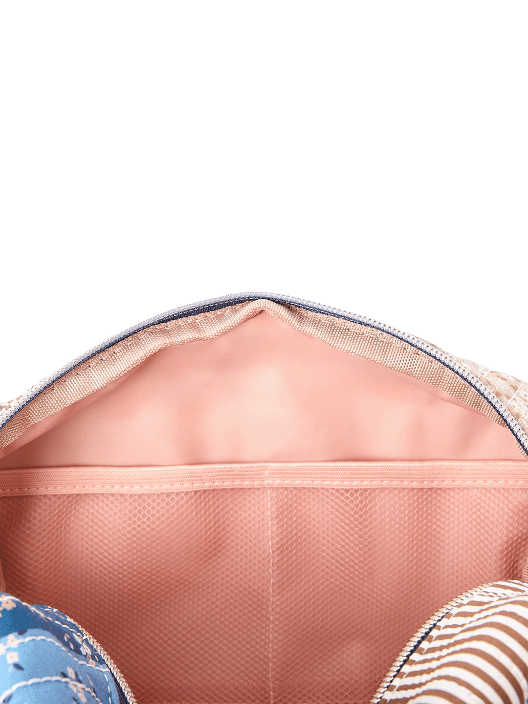 Interior of large Cosmetic Trio pouch in Navy Patchwork showing mesh compartment