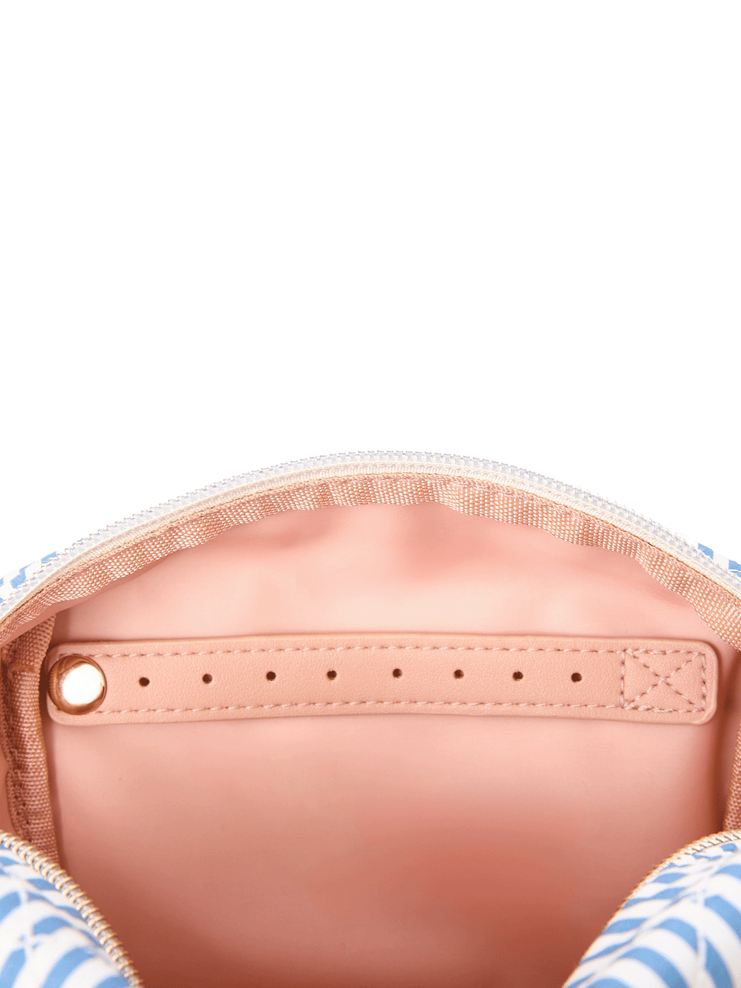 Interior of medium Cosmetic Trio pouch in Blue Stripes showing jewelry tabs
