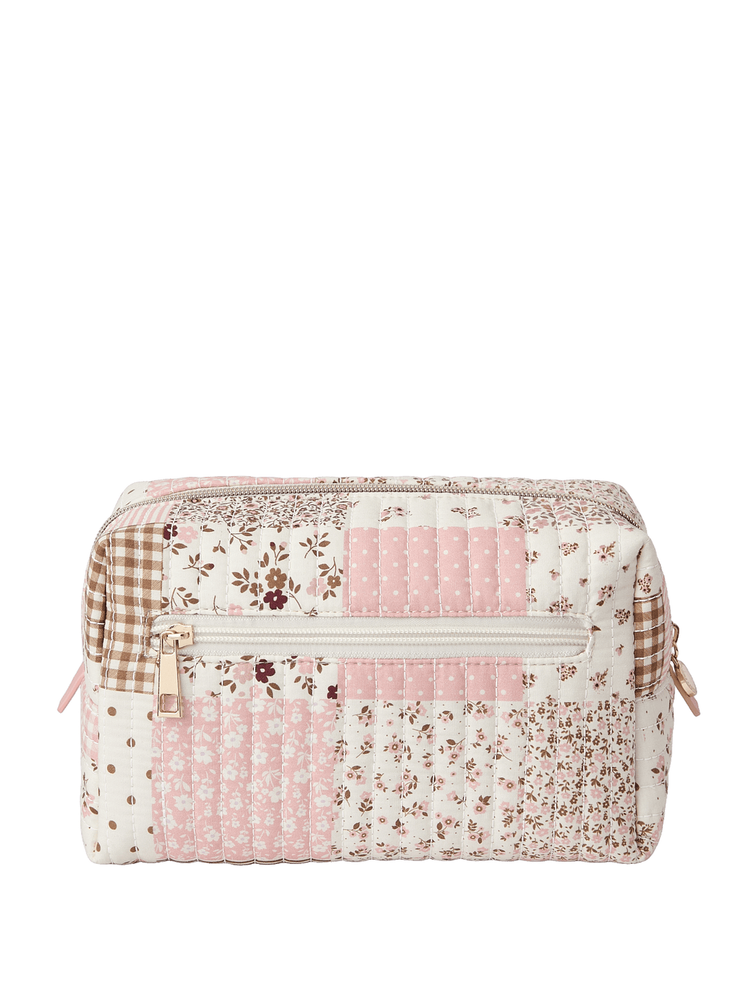Patchwork-style cosmetic bag with floral and gingham patterns