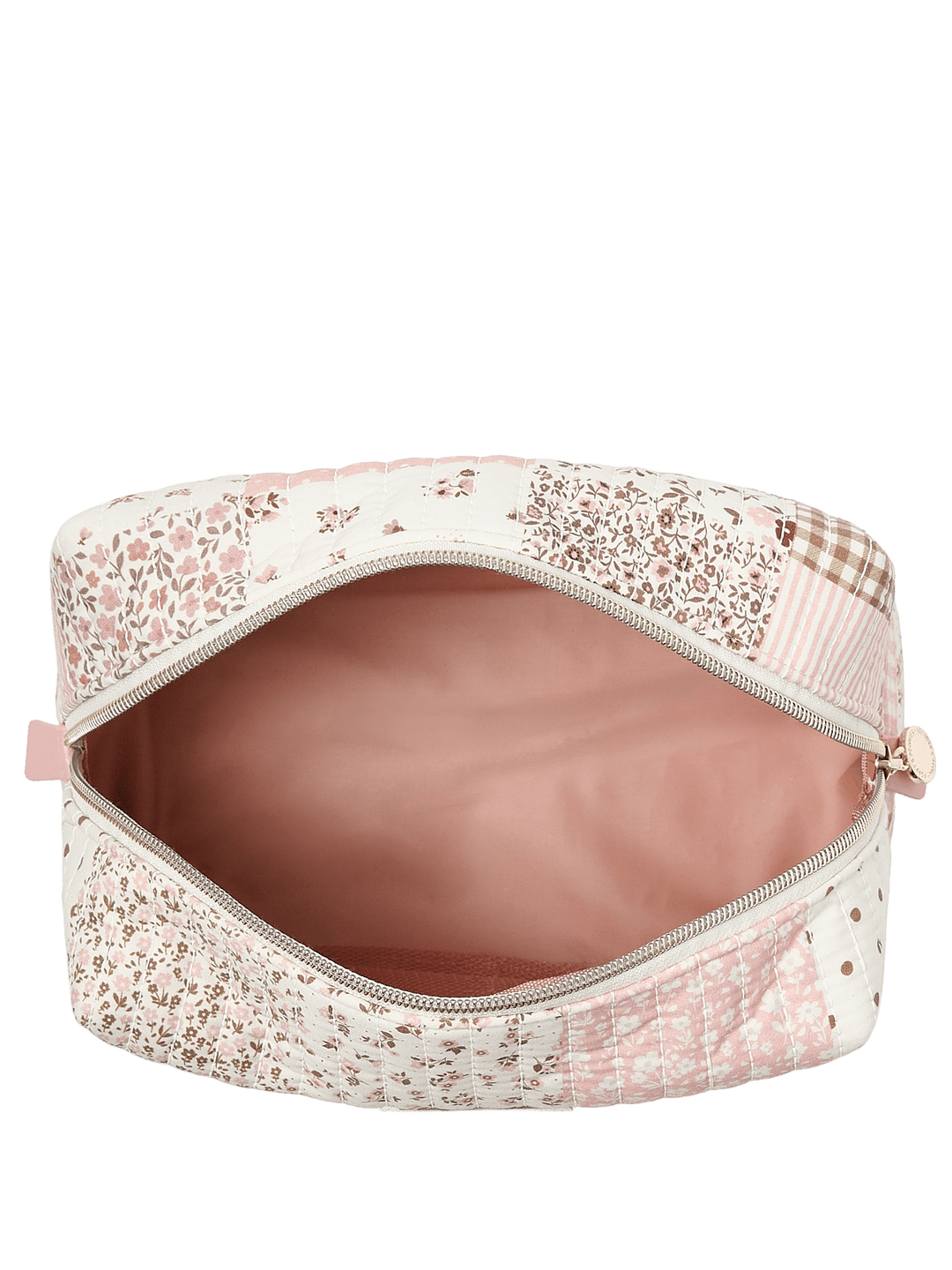 Floral-patterned makeup bag with a pink interior 