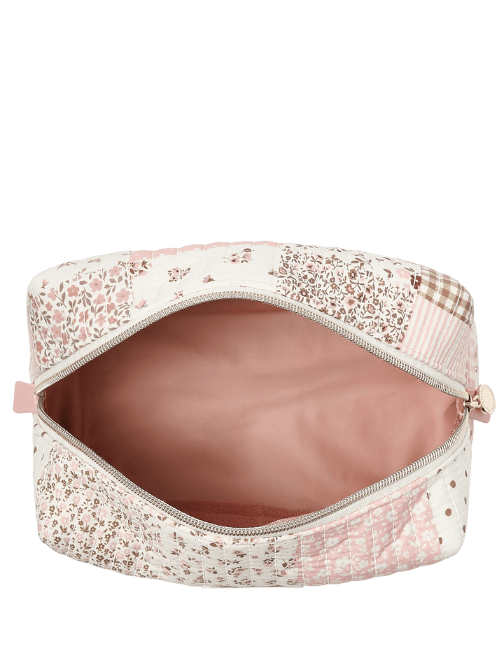 Floral-patterned makeup bag with a pink interior 