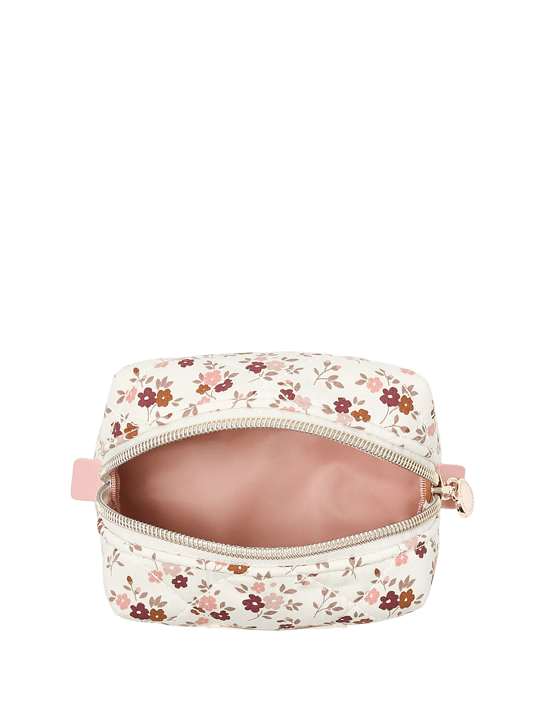 Floral-patterned makeup bag with a pink interior