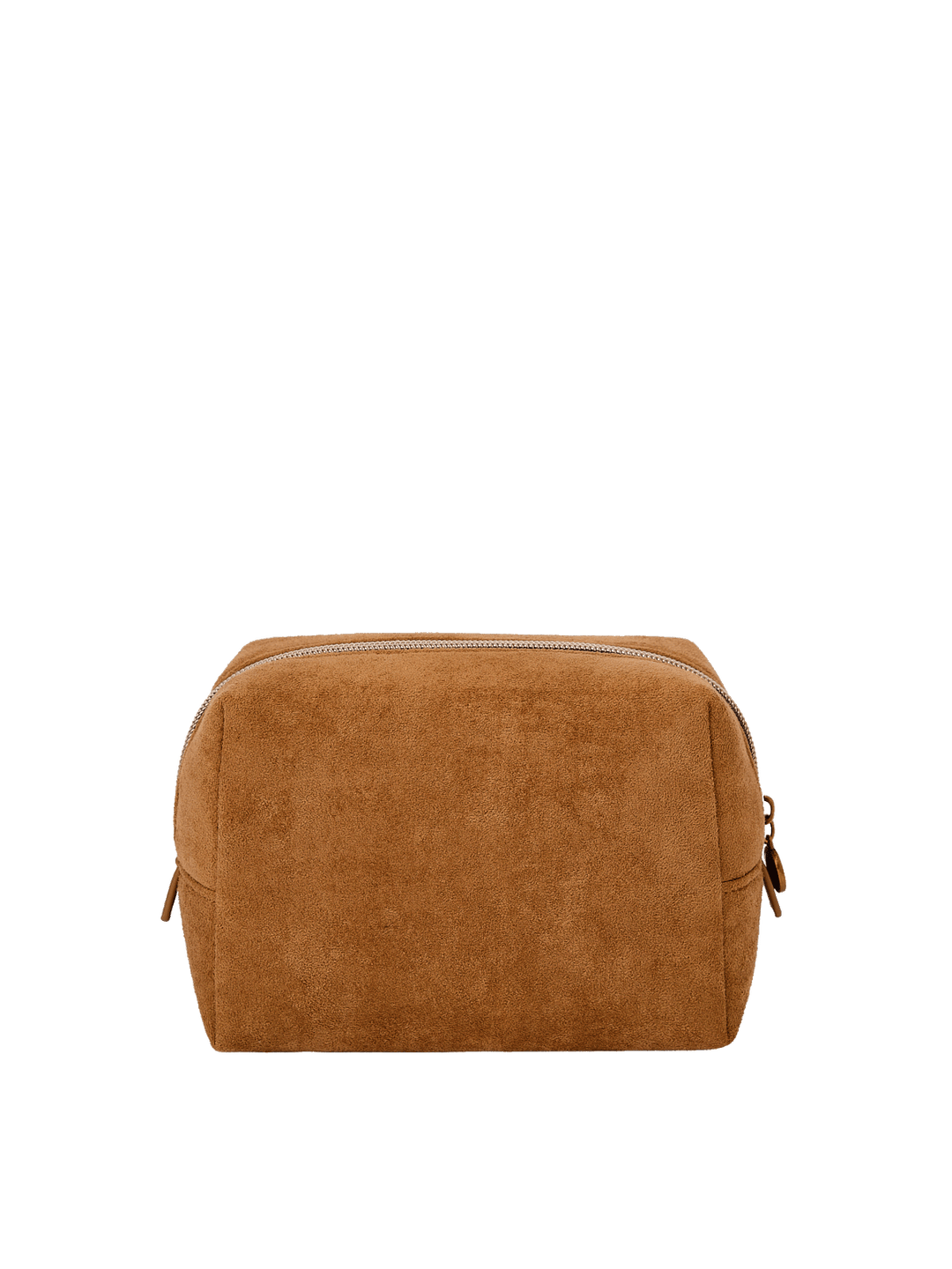 Poppy & Peonies Cosmetic Case in Cognac Suede back view, featuring a structured rectangular silhouette and soft suede exterior.