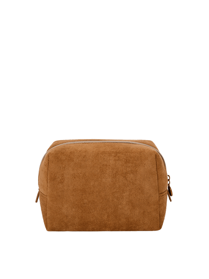 Poppy & Peonies Cosmetic Case in Cognac Suede back view, featuring a structured rectangular silhouette and soft suede exterior.