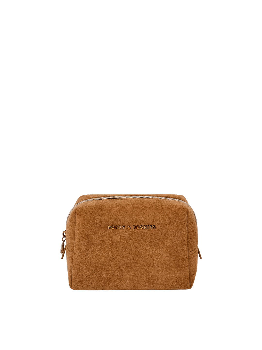 A small light brown suede cosmetic pouch with a top zipper and the brand name 'Poppy & Peonies' printed on the front.