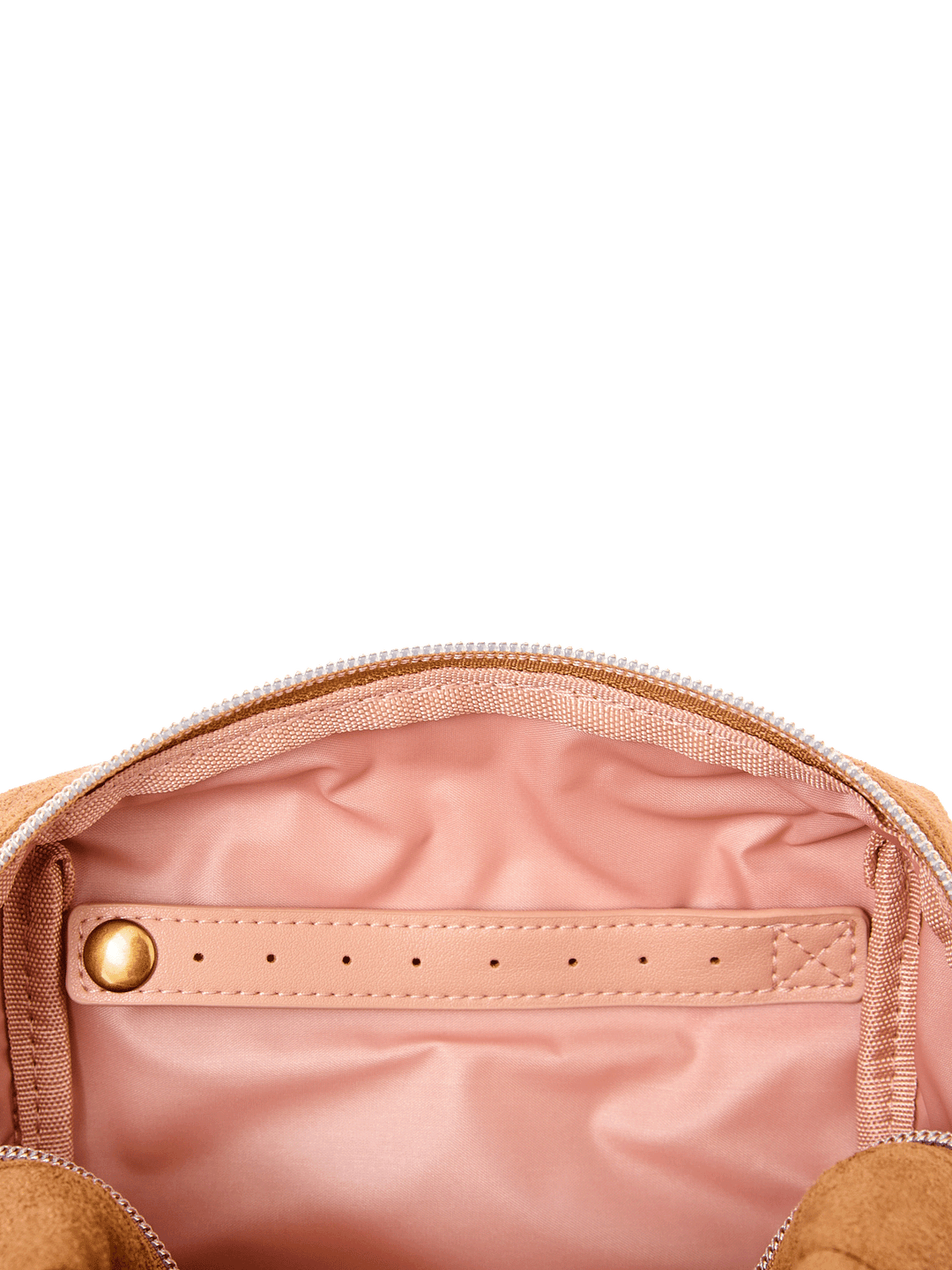Poppy & Peonies Cosmetic Case in Cognac Suede open interior view, showcasing the blush-pink lining and interior strap detail.