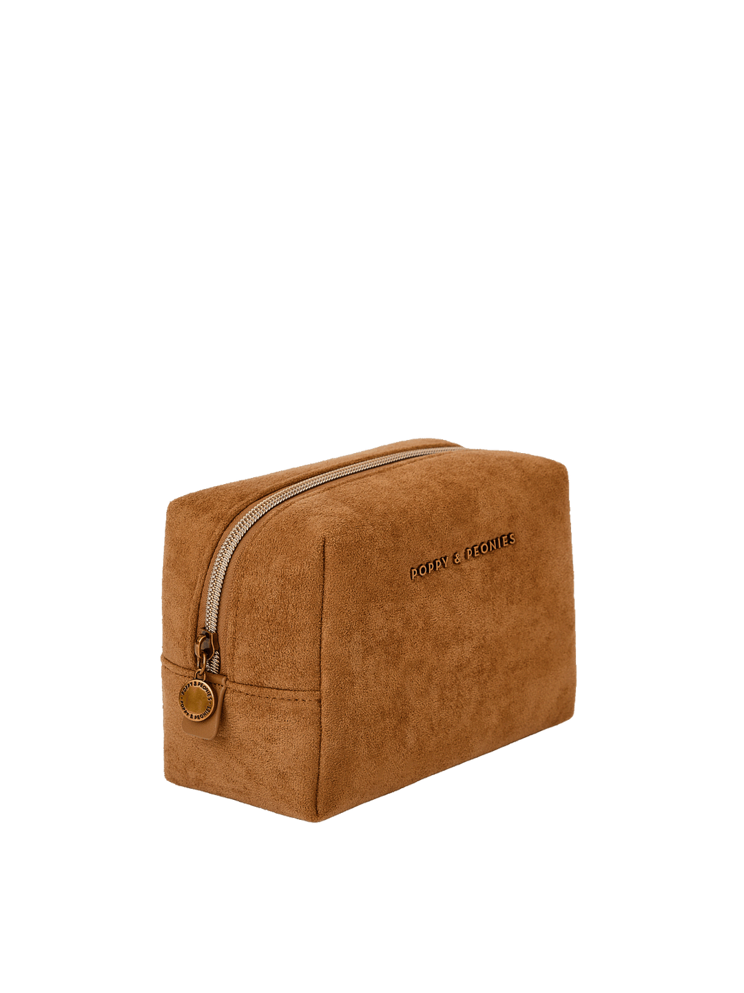 Poppy & Peonies Cosmetic Case in Cognac Suede angled side view, highlighting the structured shape, suede texture and gold-tone zipper hardware.