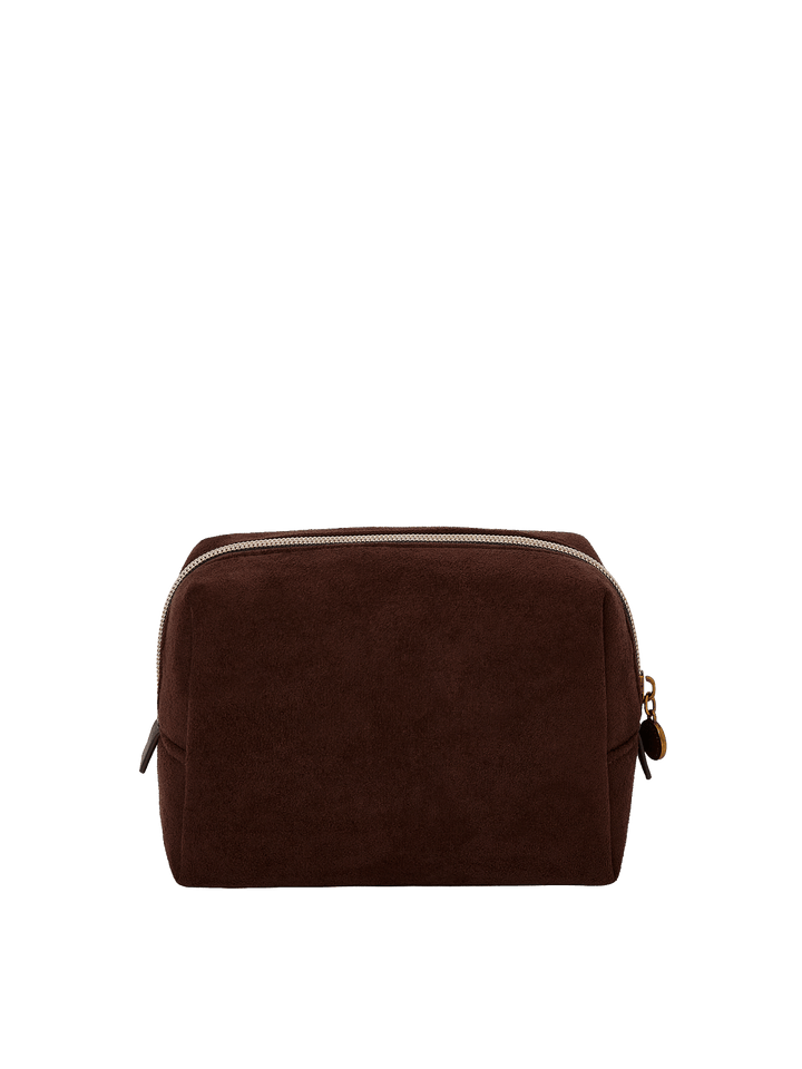 Poppy & Peonies Cosmetic Case in Espresso Suede back view, featuring a structured rectangular silhouette and soft suede exterior.