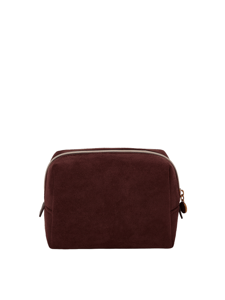 Poppy & Peonies Cosmetic Case in Espresso Suede back view, featuring a structured rectangular silhouette and soft suede exterior.