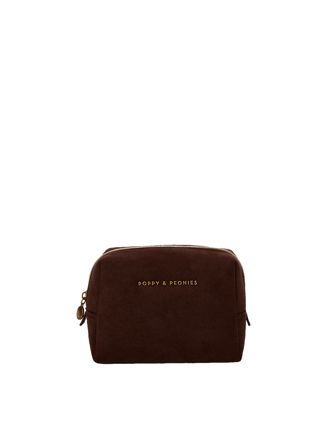 A dark brown suede cosmetic pouch with gold lettering that reads 'POPPY & PEONIES' on the front.