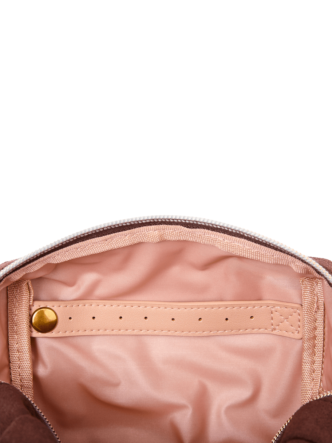 Poppy & Peonies Cosmetic Case in Espresso Suede open interior view, showcasing the blush-pink lining and interior strap detail.