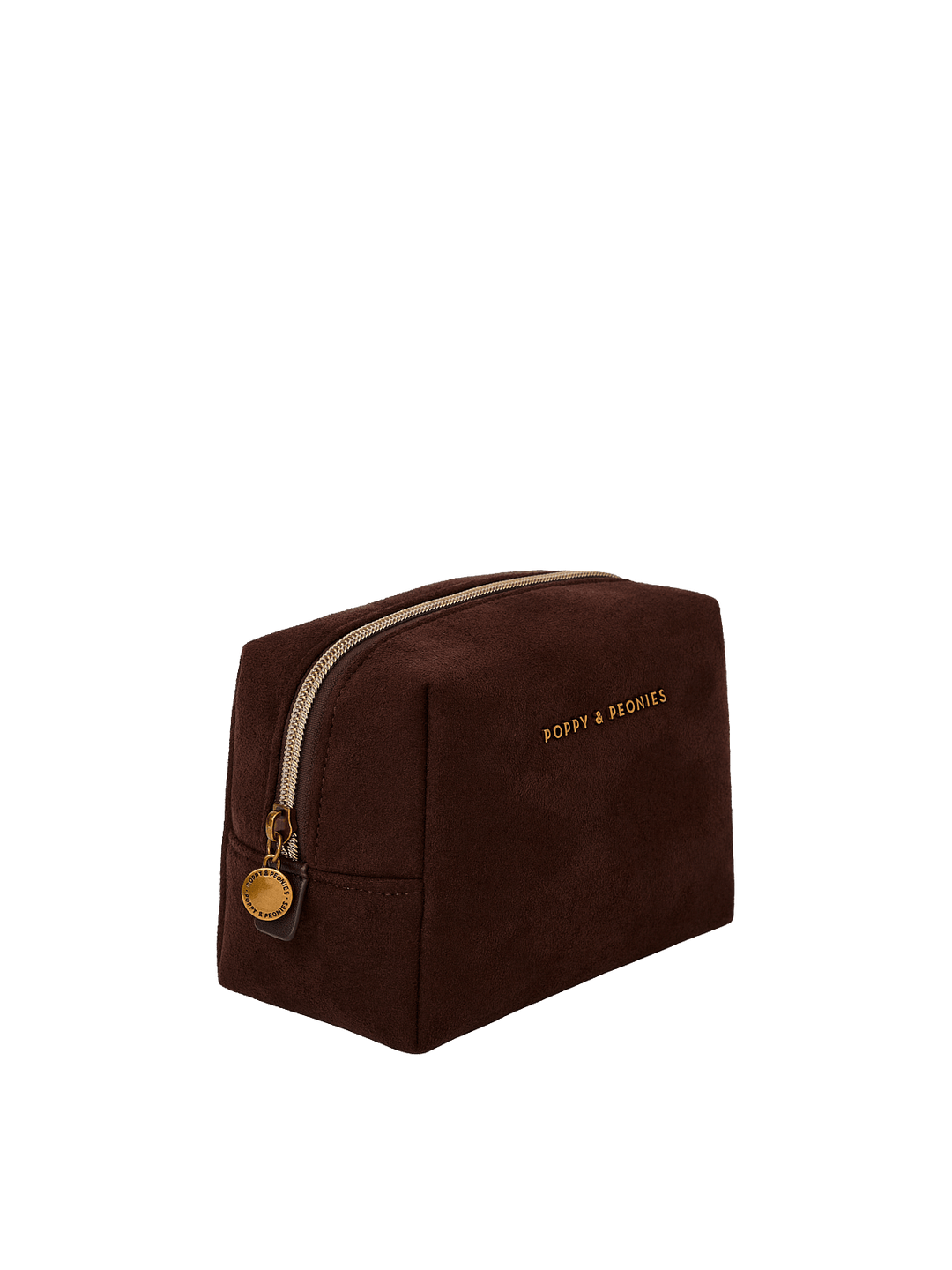 Poppy & Peonies Cosmetic Case in Espresso Suede angled side view, highlighting the structured shape, suede texture and gold-tone zipper hardware.