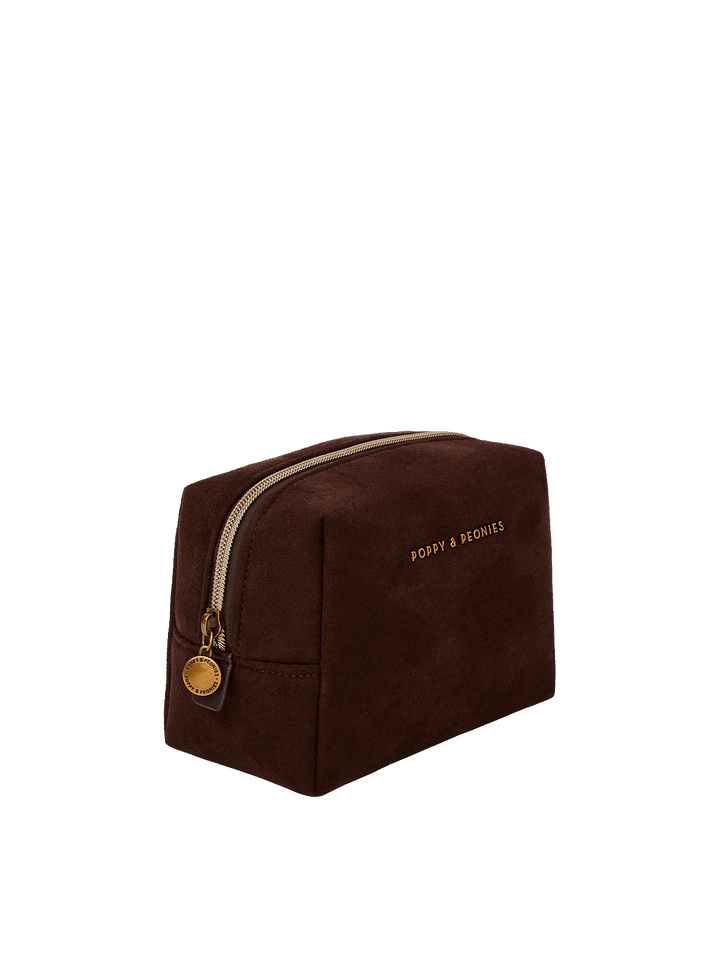 Poppy & Peonies Cosmetic Case in Espresso Suede angled side view, highlighting the structured shape, suede texture and gold-tone zipper hardware.