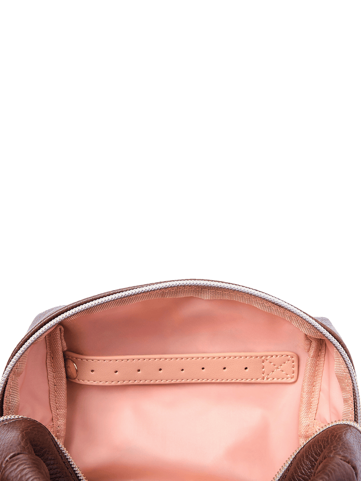 Interior of Espresso Cosmetic Case showing jewelry tab and wipeable lining