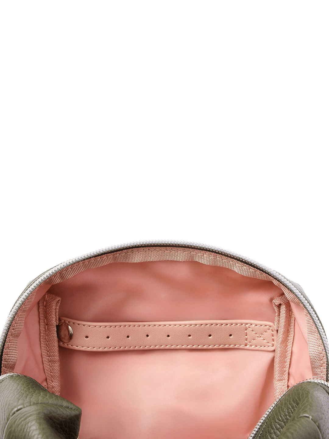 Interior of Olive Cosmetic Case showing jewelry tab and wipeable lining