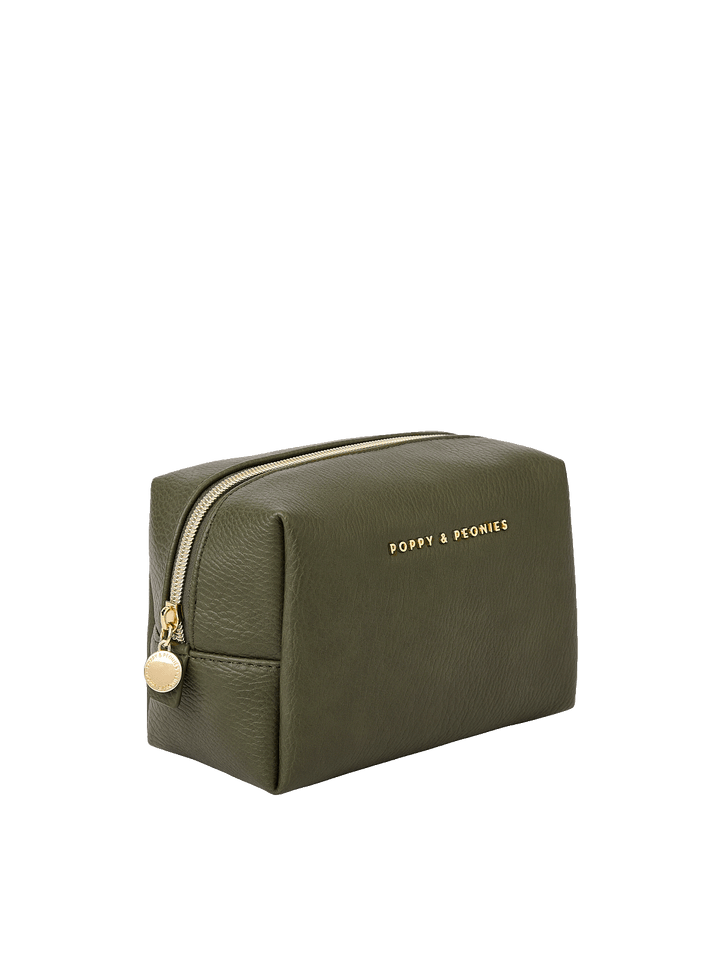 Angled side view of Olive Cosmetic Case