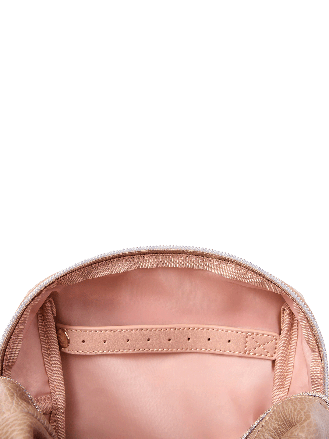 Interior of Taupe Cosmetic Case showing jewelry tab and wipeable lining