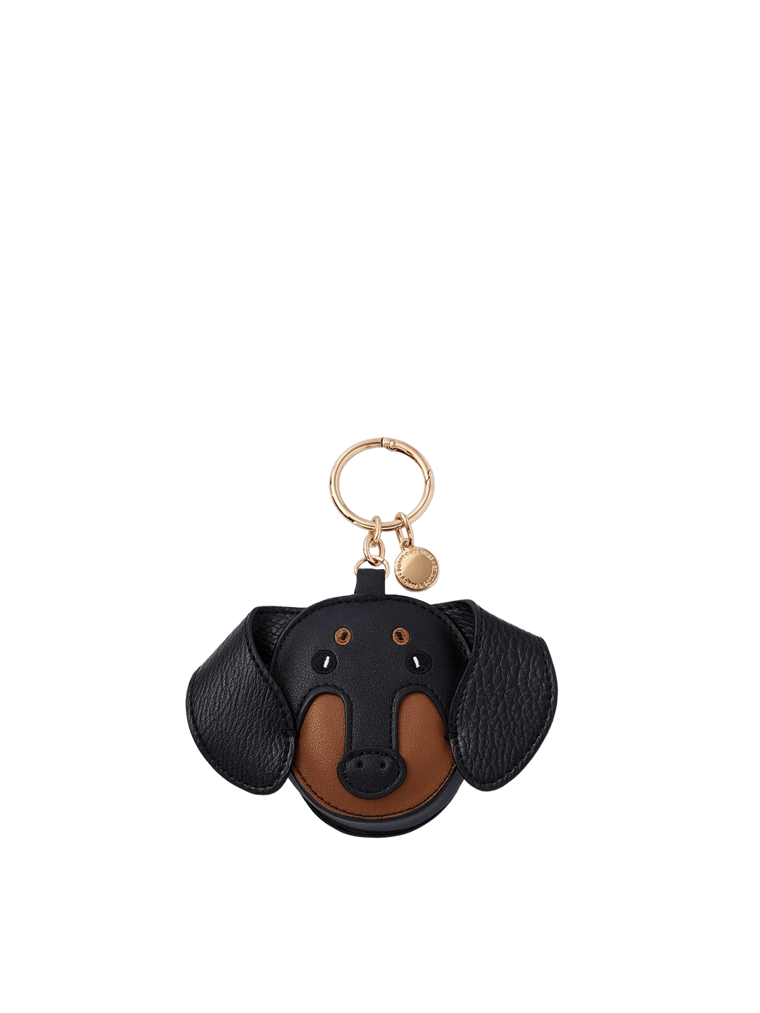 Poppy and Peonies Dachshund Bag Charm featuring a playful black and brown dachshund face design with floppy ears, textured material, embroidered facial details, and gold-tone keyring hardware with a round branded charm.