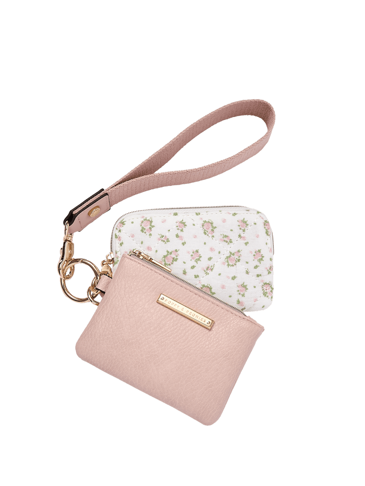 Pink and floral wristlet with two card holders