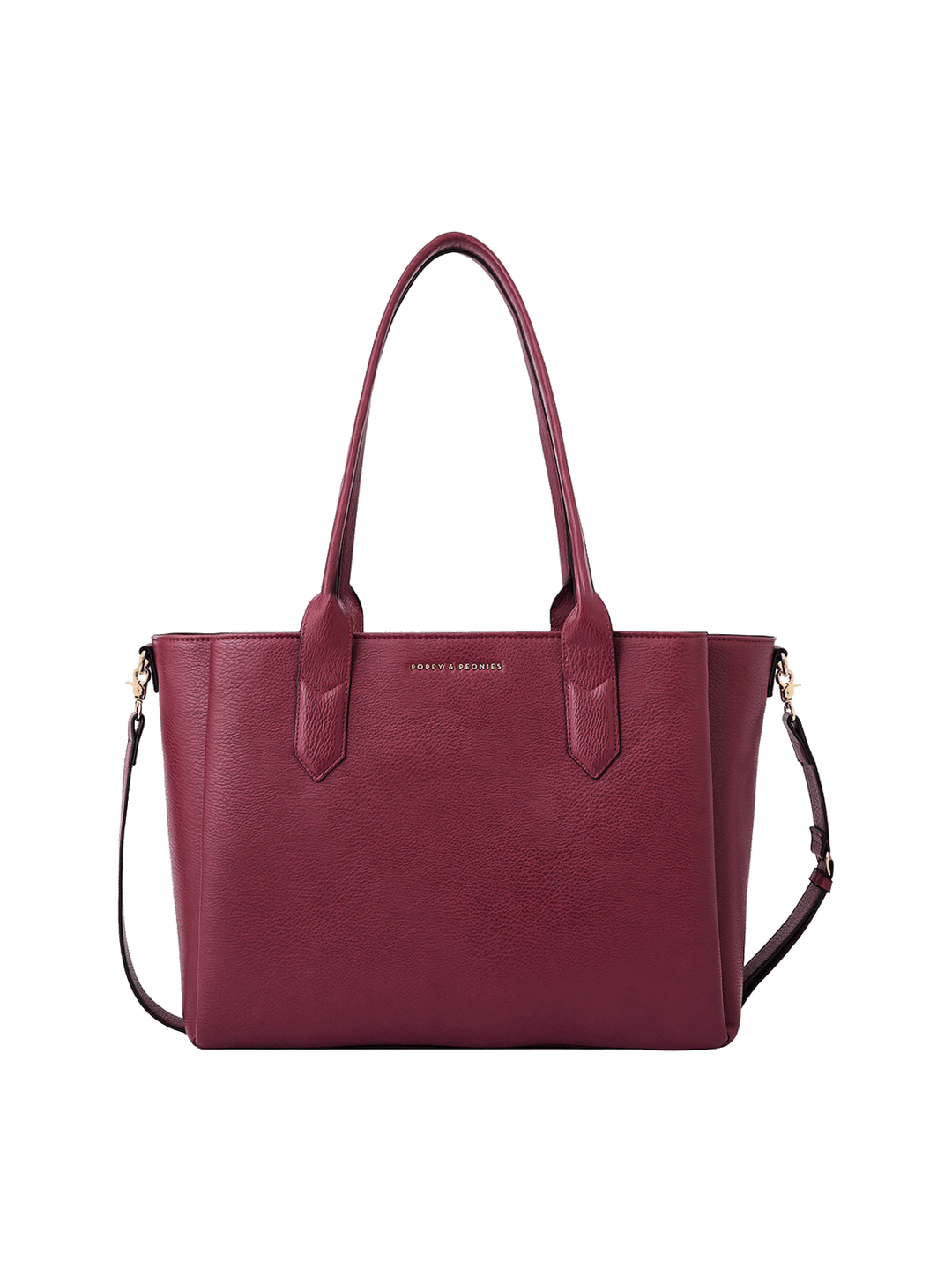 Double Duty Tote Bag in berry vegan leather with a detachable shoulder strap