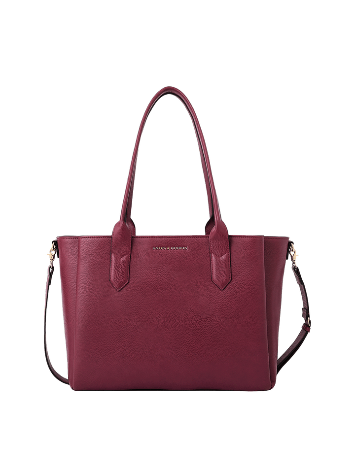 Double Duty Tote Bag in berry vegan leather with a detachable shoulder strap