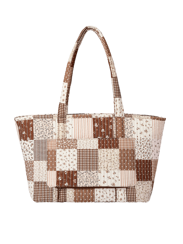 Back view of the Daydreamer Tote in Brown Patchwork with trolley sleeve