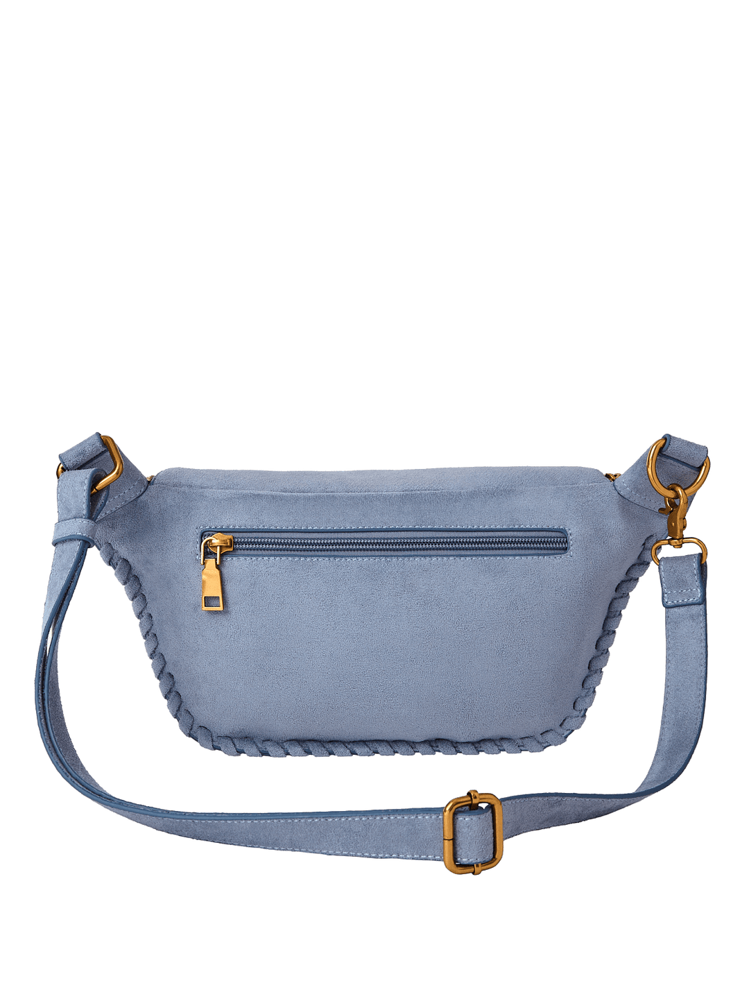 Light blue vegan suede crossbody bag with gold zippers