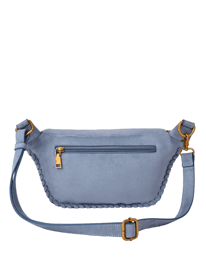 Light blue vegan suede crossbody bag with gold zippers