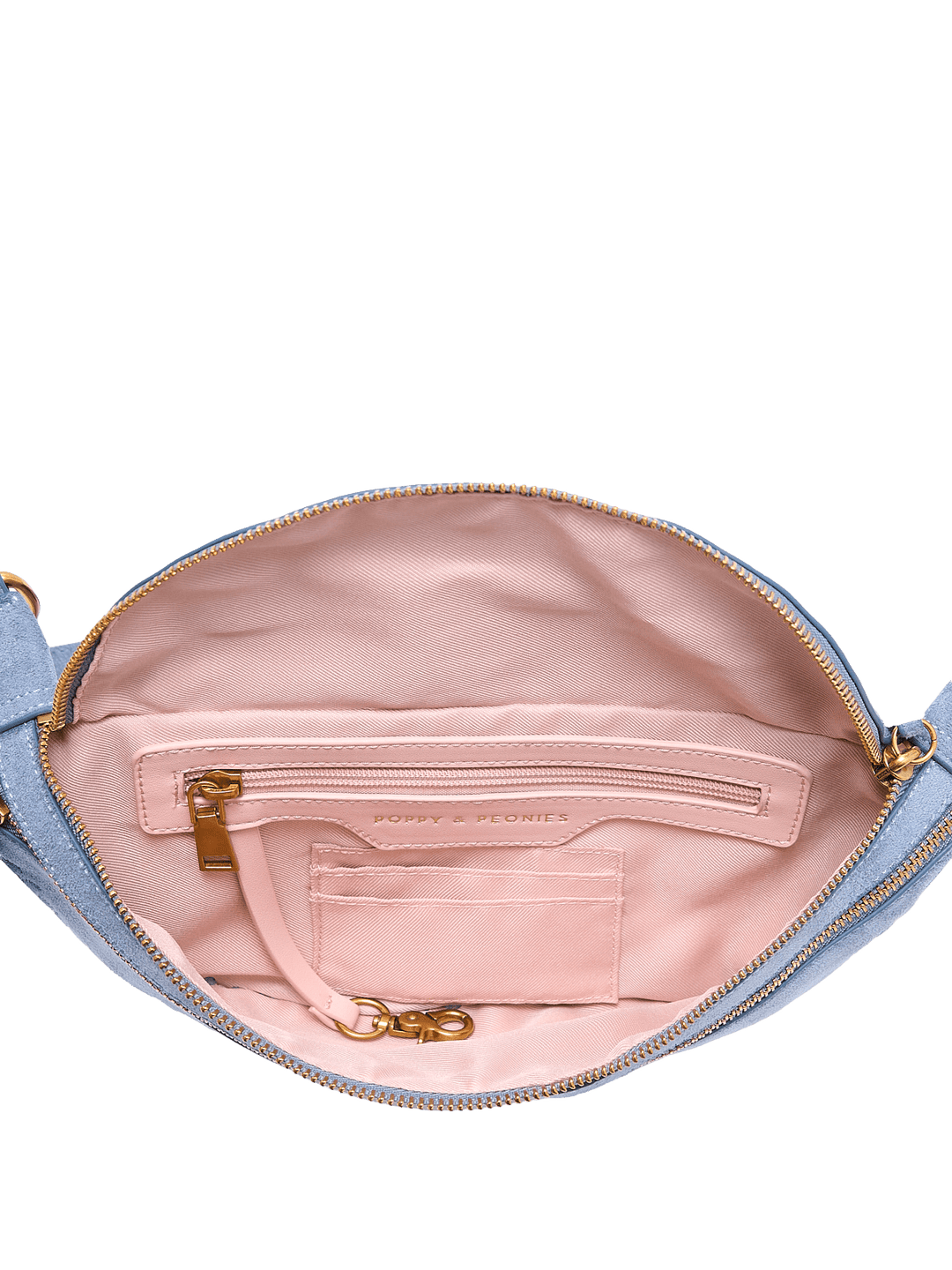 Open handbag showing pink interior with pockets and a key leash