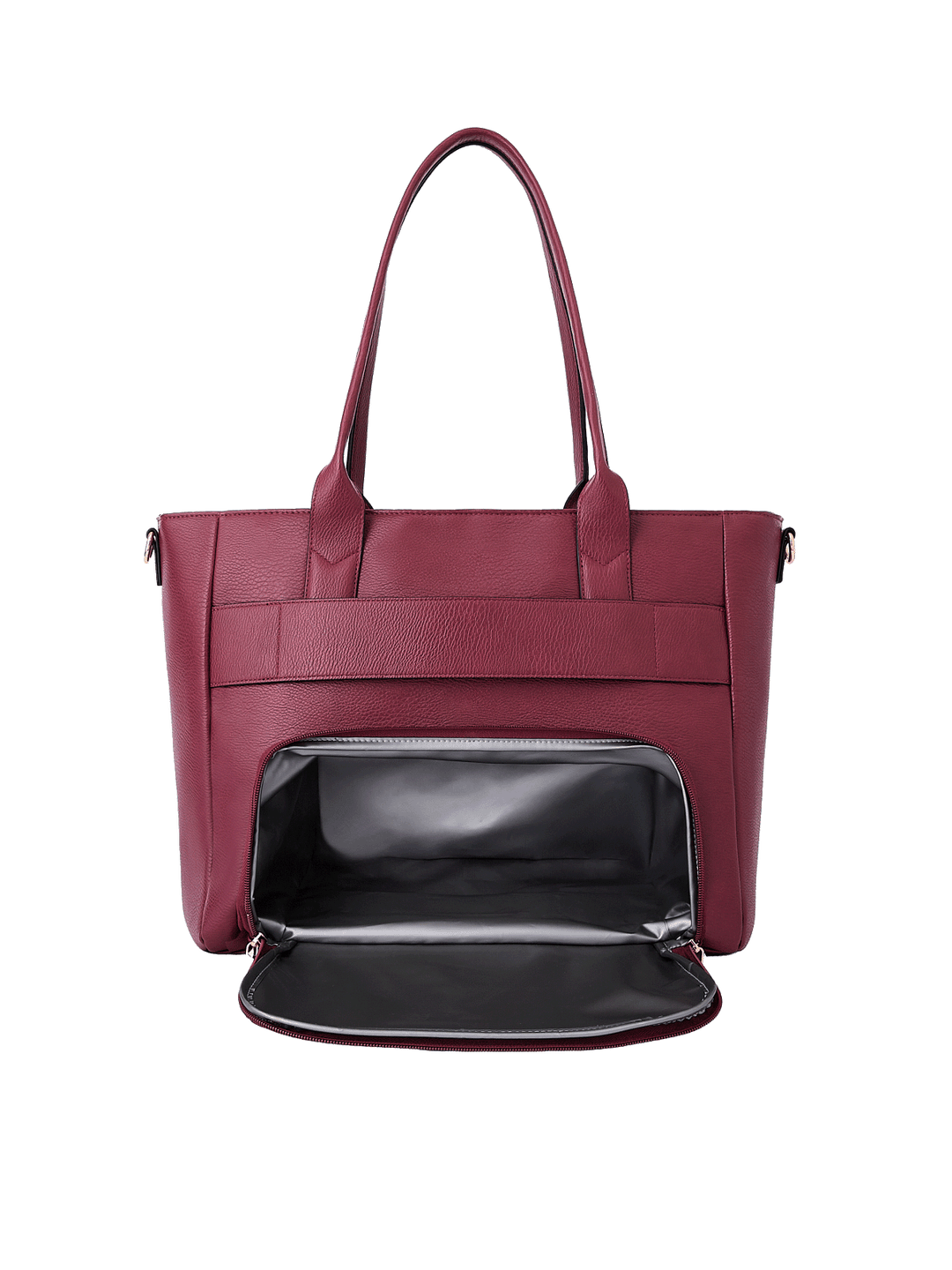 Back of Double Duty Tote in Berry showing insulated lunch compartment
